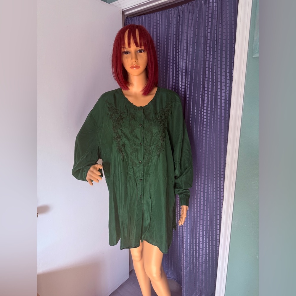 Vintage Adrian Jordan Emerald Green Silk Blouse Embroidered Size 18–20